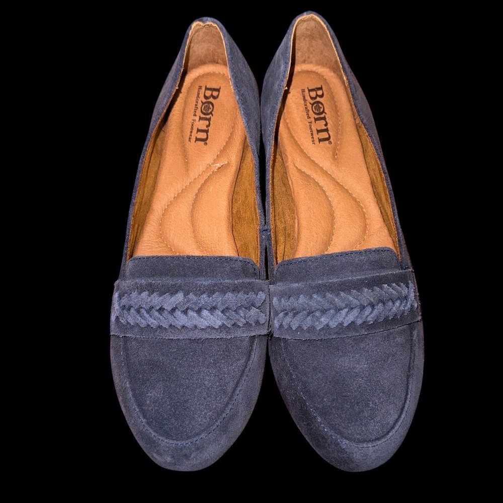 Born Loafers Womens 7.5 Pre-Owned Shoes Blue Suede Braided Strap Moc Toe F68534